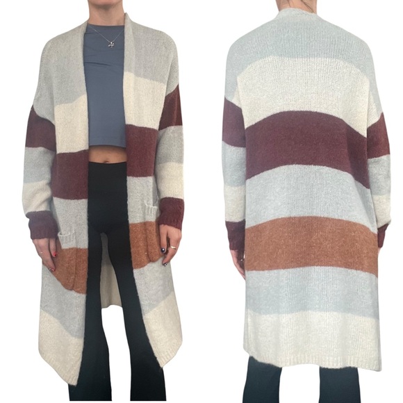 Entro Women’s Med Cream Burgundy Colorblock Stripe Open Duster Longline Cardigan - Picture 16 of 16